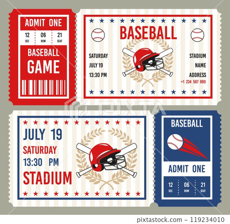 Vintage baseball tickets. Championship invitational cards, american sports game, themed events coupons, helmet, bats, balls, tournament or cup admission card, entrance pass tidy vector set 119234010