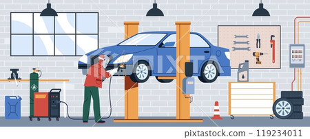 Welder is working. Man patches car with welding, professional in auto repair shop, gas cylinder, sparks, working equipment for repairing automobile, nowaday vector cartoon flat isolated concept 119234011