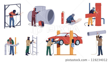 Welders at work. People in protective masks and gloves welding metal structures, repairing cars and patching pipe. Professional metalworking nowaday vector cartoon flat isolated illustration set 119234012