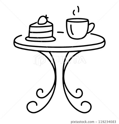 Hand-drawn line drawing illustration of an antique iron table with strawberry cake and coffee on it, cut-out on transparent background 119234083