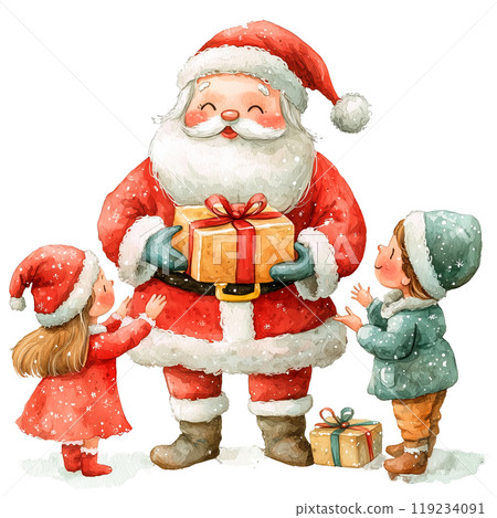 Santa Claus with children and gifts on a transparent background. Christmas scenes, holiday illustrations, gift giving, festive moments, seasonal art, greeting cards, holiday decor, winter themes. 119234091