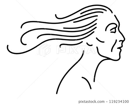 手繪線條圖描繪了一位長髮老婦的輪廓，透明背景上的切口 119234100
