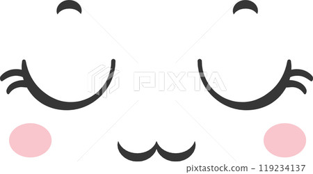 A delightful kawaii face design with closed eyes and rosy cheeks intended for childrens materials and playful illustrations. The simplistic style exudes charm and warmth 119234137