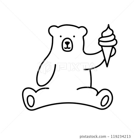 A simple line drawing of a polar bear character holding an ice cream, cut out on a transparent background 119234213