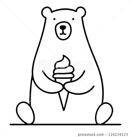 A simple line drawing of a polar bear character holding an ice cream, cut out on a transparent background 119234223