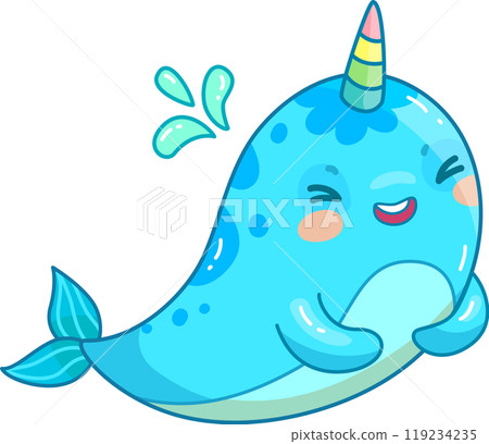 A joyful cartoon narwhal displays a big smile while splashing water droplets around. The character features a colorful spiral horn and bright blue body radiating positivity A joyful cartoon narwhal displays a big smile while splashing water droplets around. The character features a colorful spiral horn and bright blue body radiating positivity 119234235