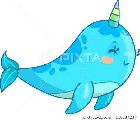A charming blue narwhal glides gracefully through the ocean adorned with a colorful tusk and an adorable expression embodying a joyful underwater spirit 119234237