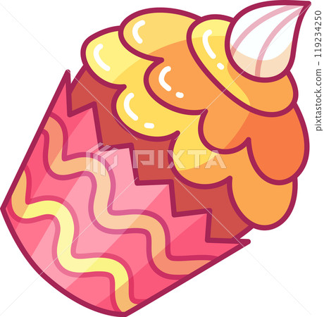 A delicious cupcake features a swirl of orange and yellow frosting topped with a small white peak showcasing a playful design and inviting colors 119234250