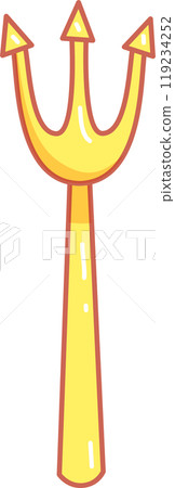 This cheerful yellow pitchfork features three pointed prongs and a sturdy handle perfect for lifting and moving materials in gardening or farming activities 119234252