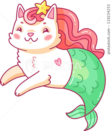 This adorable cat mermaid features a playful expression a pink mane and a flowing green tail adding charm to a vibrant underwater setting teeming with imagination 119234253