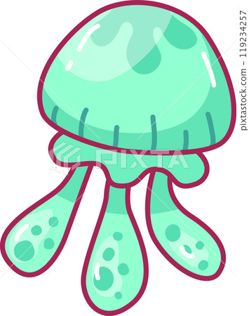 A vibrant cartoon jellyfish drifts serenely in clear blue water showcasing delicate tentacles and a cheerful design that captures the essence of ocean life 119234257