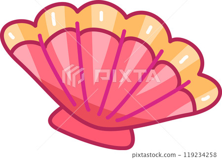 The illustration showcases a scallop shell in vibrant pink and yellow hues featuring detailed lines and a smooth finish. The background is plain white highlighting the shells beauty 119234258