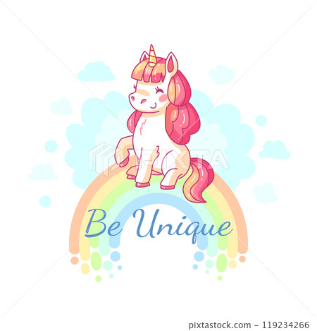A colorful unicorn sits happily atop a rainbow radiating positivity with the phrase Be Unique written below showcasing a playful and whimsical design 119234266