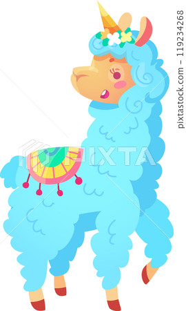 This cheerful blue llama prances playfully adorned with a sparkling unicorn horn and festive decorations on its back bringing joy to the sunny surroundings This cheerful blue llama prances playfully adorned with a sparkling unicorn horn and festive decorations on its back bringing joy to the sunny surroundings 119234268
