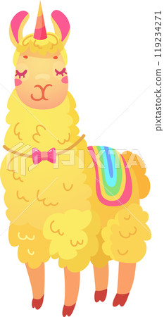 A whimsical cartoon style llama features a unicorn horn and a vibrant rainbow saddle. The llama is yellow with a charming bow showcasing a playful design 119234271