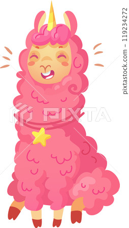 A joyful pink llama with a unicorn horn beams with happiness adorned with a star showcasing a playful and whimsical cartoon style in vibrant colors A joyful pink llama with a unicorn horn beams with happiness adorned with a star showcasing a playful and whimsical cartoon style in vibrant colors 119234272