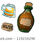 a dark green bottle with an old label and liquid inside a corked oak stopper. a transparent glass mug with a yellow carbonated drink or alcohol. The sticker is a label with the inscription rum. Vector 119234296