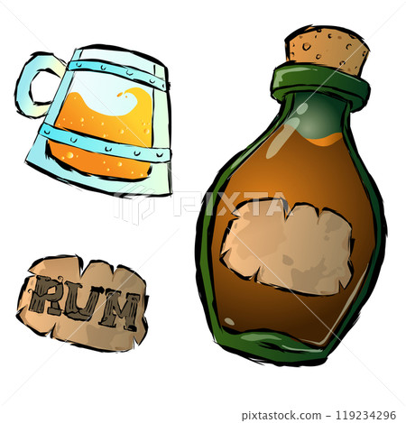 a dark green bottle with an old label and liquid inside a corked oak stopper. a transparent glass mug with a yellow carbonated drink or alcohol. The sticker is a label with the inscription rum. Vector a dark green bottle with an old label and liquid inside a corked oak stopper. a transparent glass mug with a yellow carbonated drink or alcohol. The sticker is a label with the inscription rum. Vector 119234296