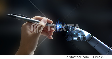 Industrial robot control concept, writing commands for the system to work, Industry 6.0 Industrial robot control concept, writing commands for the system to work, Industry 6.0 119234350