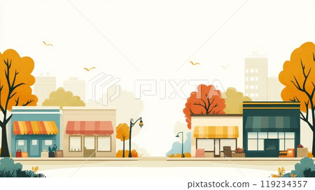Autumn cityscape with small storefronts and trees 119234357