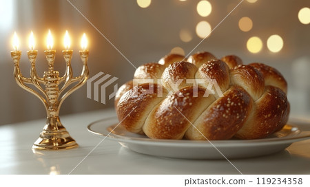 Hanukkah celebration scene with golden menorah 119234358