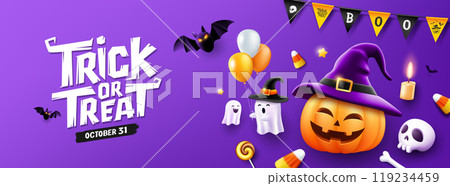 Happy Halloween, trick or treat text message, pumpkin hat smile, Ghost holding a balloon, bat flying, banner design  119234459