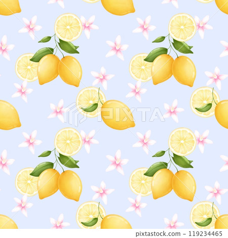 Watercolor hand drawn illustration with lemons. Decorative seamless pattern. Background with fruits, leaves and flowers on a branch.  For fabric, packaging paper, scrapbooking. 119234465