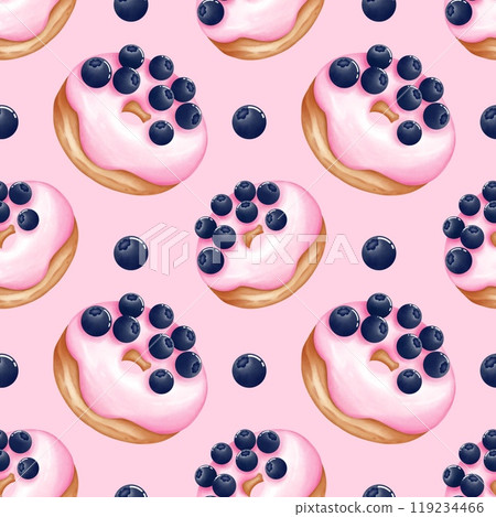 Watercolor seamless pattern sweet blueberry donut.Hand painting on isolated background. For designers, menu, shop, bar, bistro, restaurant, for postcards. 119234466