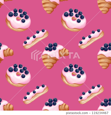 Watercolor seamless pattern sweet breakfast.Hand painting on isolated background. For designers, menu, shop, bar, bistro, restaurant, for postcards. 119234467