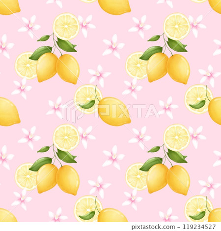 Watercolor hand drawn illustration with lemons. Decorative seamless pattern. Background with fruits, leaves and flowers on a branch.  For fabric, packaging paper, scrapbooking. 119234527
