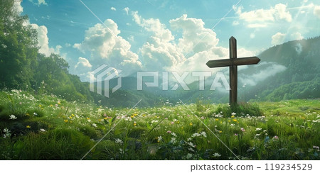 Scenic cross in a lush field, spirituality and nature, with copyspace 119234529