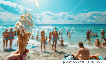 Seeing through a melting delicious ice cream cone to the beautiful beach full of people under blue sky to the clear blue sea, concept of summer holidays Seeing through a melting delicious ice cream cone to the beautiful beach full of people under blue sky to the clear blue sea, concept of summer holidays 119234538