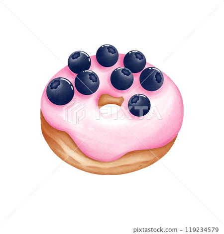 Hand drawn blueberry   donut clipart. Watercolor dessert illustration isolated on white background. Birthday,invitation,cards,greeting,menus,logos. 119234579