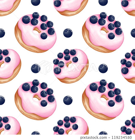 Watercolor seamless pattern sweet blueberry donut.Hand painting on isolated background. For designers, menu, shop, bar, bistro, restaurant, for postcards. Watercolor seamless pattern sweet blueberry donut.Hand painting on isolated background. For designers, menu, shop, bar, bistro, restaurant, for postcards. 119234580