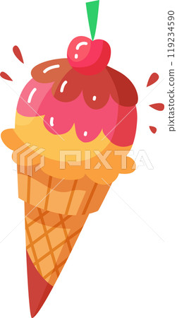 A delicious ice cream cone showcases three bright flavors topped with a cherry perfect for a summer treat on a sunny day 119234590