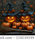 Halloween hyperrealism pumpkins in witch hats 119234599