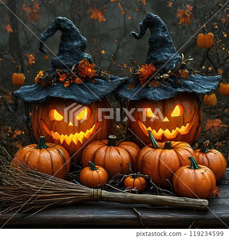 Halloween hyperrealism pumpkins in witch hats Halloween hyperrealism pumpkins in witch hats 119234599