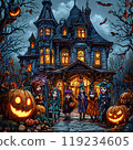 nighty realistic Halloween sketch, children near a gothic house 119234605