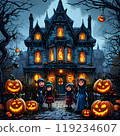 nighty realistic Halloween sketch, children near a gothic house 119234607