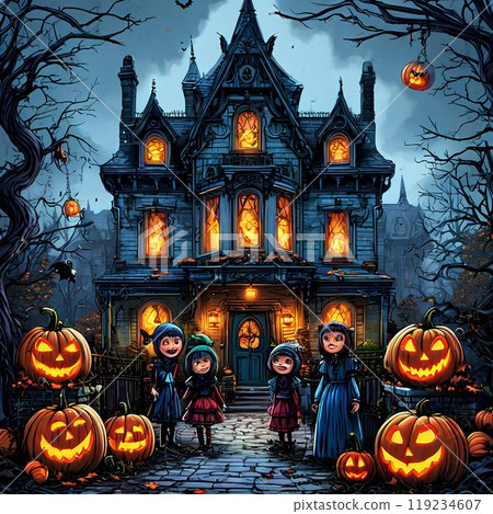 nighty realistic Halloween sketch, children near a gothic house 119234607