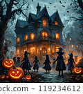 nighty realistic Halloween sketch, children near a gothic house 119234612