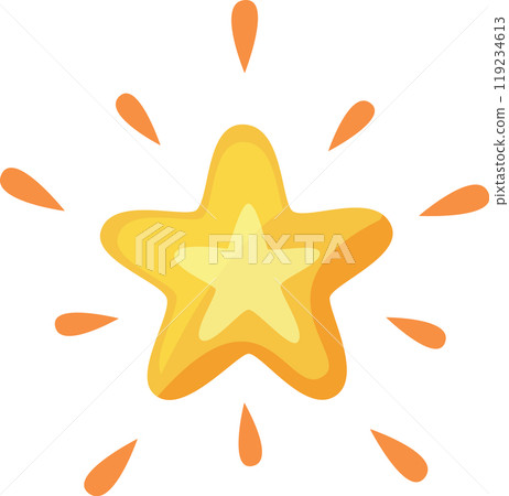 This vibrant yellow star features a central light yellow shape surrounded by orange rays that add a playful touch set against a clean white backdrop This vibrant yellow star features a central light yellow shape surrounded by orange rays that add a playful touch set against a clean white backdrop 119234613