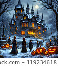 snowy realistic Halloween sketch, children near a gothic house 119234618