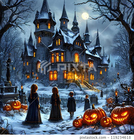 snowy realistic Halloween sketch, children near a gothic house snowy realistic Halloween sketch, children near a gothic house 119234618