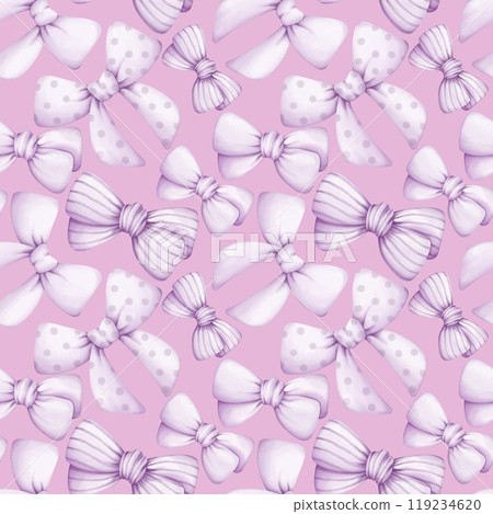 Watercolor seamless pattern purple  bows. Watercolor purple ribbon bow illustration for valentine, christmas, birthday, nursery, baby shower decorations. 119234620