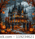 Halloween realistic sketch children near a gothic house 119234621