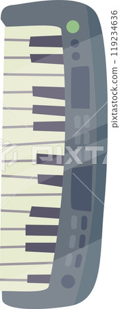 A digital keyboard with prominent white and black keys rests against a plain white background. It showcases a modern design featuring controls for music creation A digital keyboard with prominent white and black keys rests against a plain white background. It showcases a modern design featuring controls for music creation 119234636