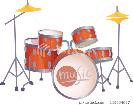 A vibrant drum set features bright orange drums and shiny cymbals ready for a musical performance. The playful design evokes excitement and creativity 119234637