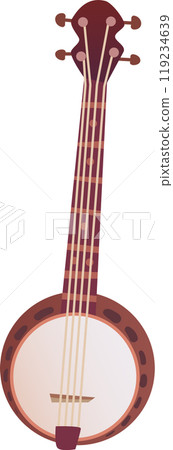 This illustration features a traditional banjo characterized by its circular body and long neck. The design highlights the craftsmanship of this beloved string instrument 119234639