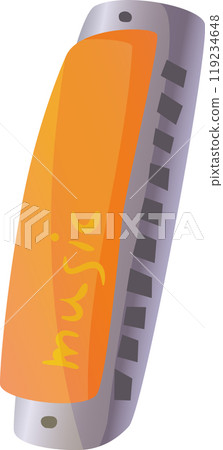 A brightly colored harmonica lies on a flat surface its orange cover gleaming under the light symbolizing the fun and creativity of playing music 119234648